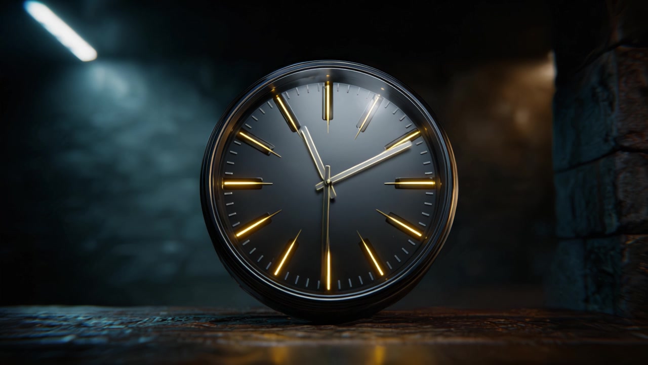 A strikingly modern clock with illuminated hands, showcased in a dimly lit space, emphasizing the passage of time and the beauty of minimalist design.