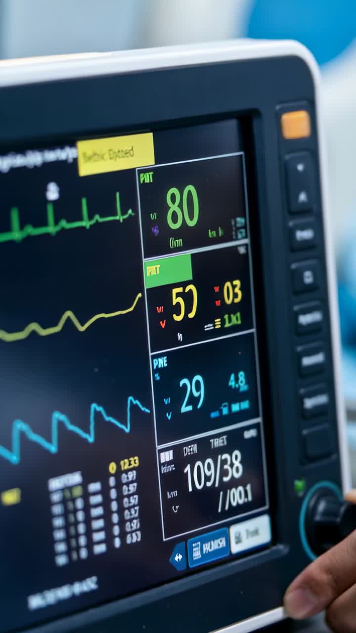 Video verticale: Mano di un clinico in camice che entra nell'inquadratura, toccando un monitor a bordo letto e regolando un valore intermedio.