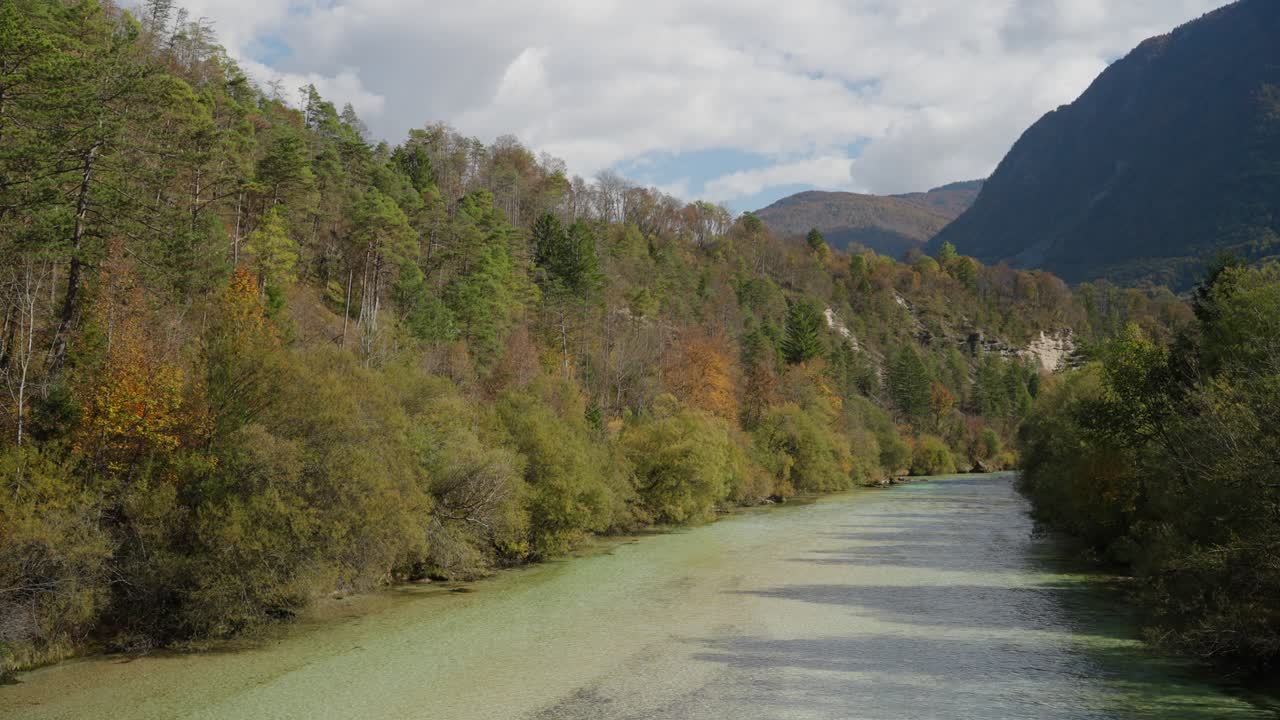 Soca-elven renner gjennom Triglav nasjonalpark, tett skog i Bovec, Slovenia. – bredt bilde
