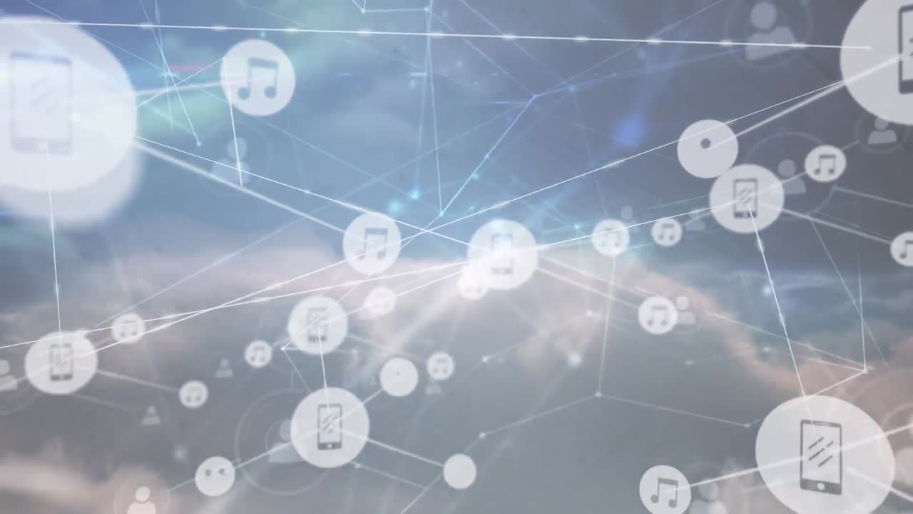 움직이는 구름을 통해 데이터를 전송하는 사람, 음악 및 미디어 아이콘의 네트워크의 애니메이션