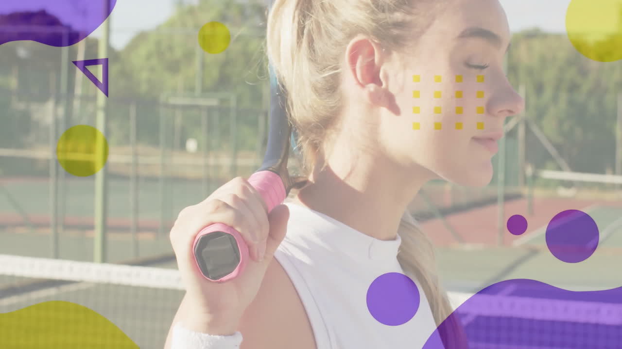 woman swinging racket on tennis court, showing purple yellow overlaid shapes in sports analytics