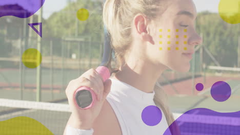 woman swinging racket on tennis court, showing purple yellow overlaid shapes in sports analytics