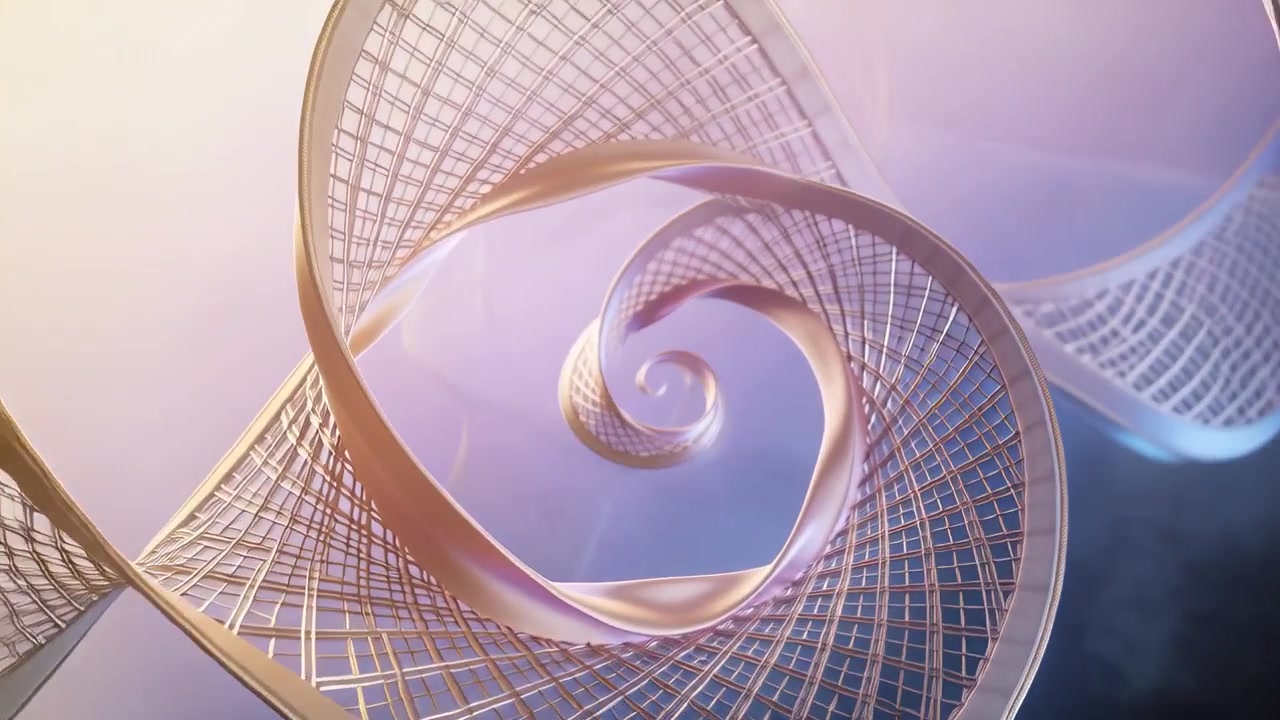 Rotating metal helical ribbons curling inward in studio, camera advancing revealing lattice mesh