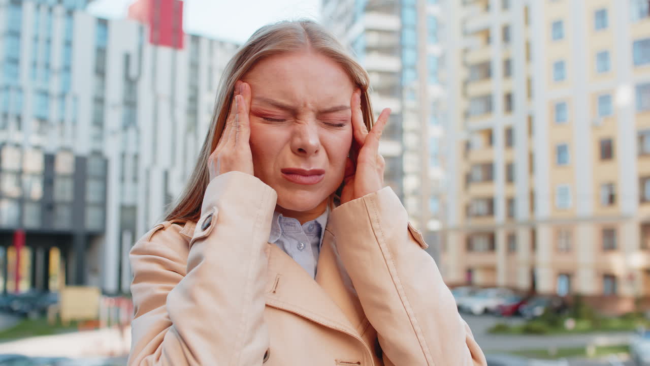 Sick mature caucasian businesswoman feels headache while standing against buildings on city street