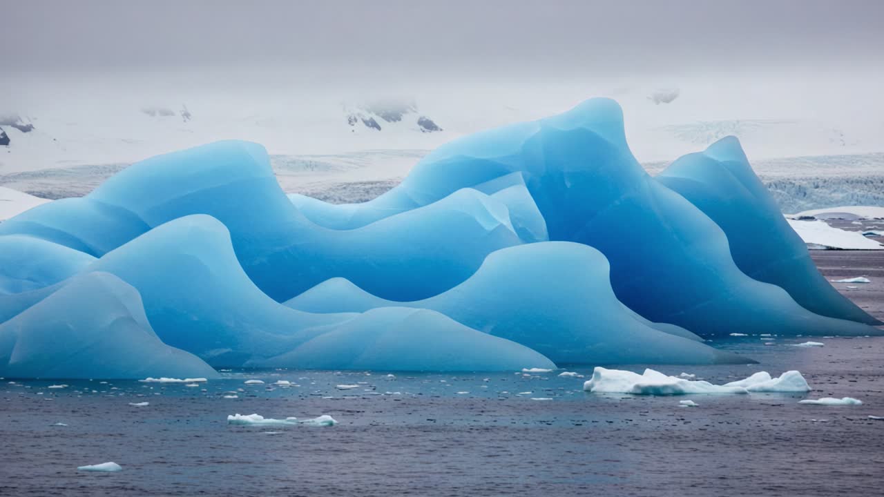 Stunning Icebergs Reflecting Shades of Blue in a Serene Arctic Scene under a Gray Sky, Highlighting the Beauty of Nature's Frozen Masterpieces