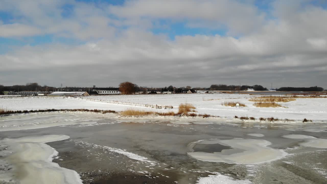 Snow Covered Surface In Crezeepolder Netherlands - medium tilt down shot