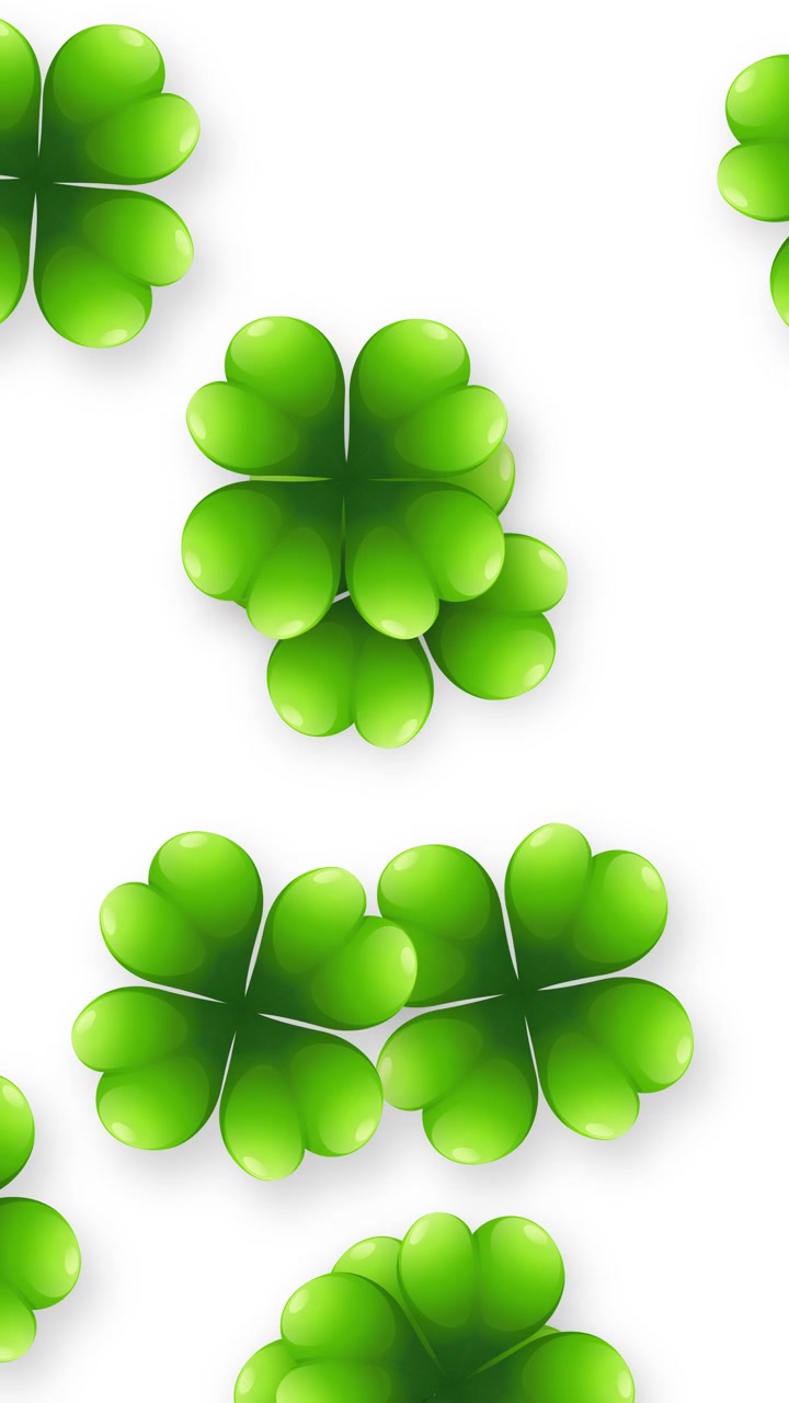 Green four leaf clovers fall vertically against a plain white background in this graphic animation.