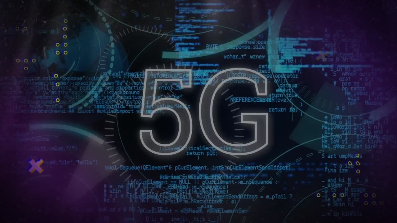 animazione di 5g e elaborazione dei dati su sfondo nero