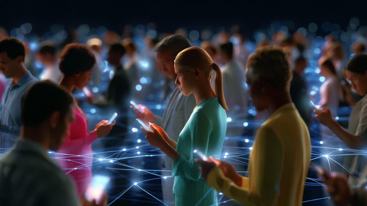 In a digitally connected world, individuals are absorbed in their smartphones while surrounded by a web of glowing networks, illustrating the role of technology in modern social interactions