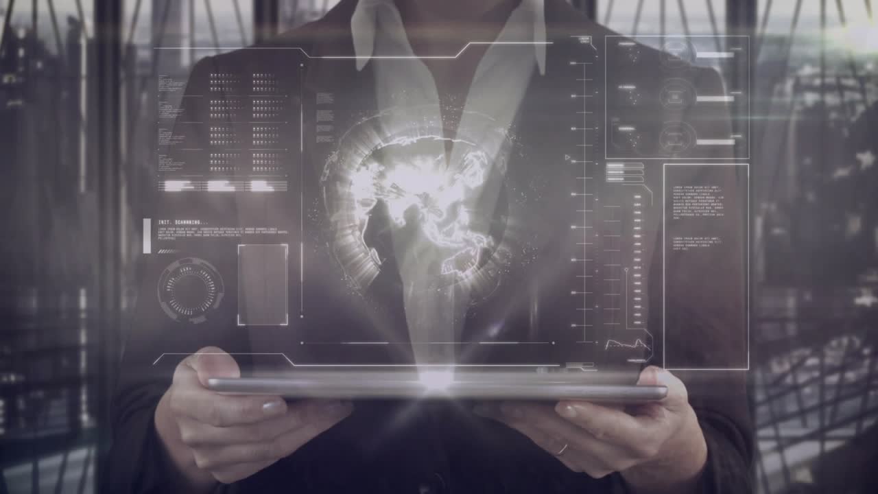 Mid-adult woman tapping tablet and revealing holo globe over tablet, panels updating for tech data