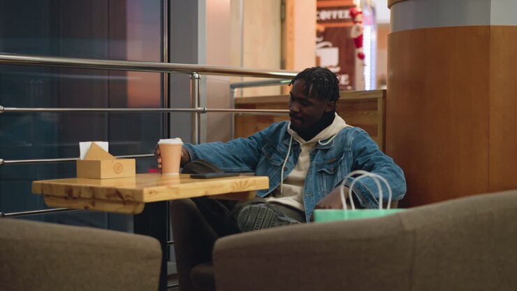 Guy dressed in denim jacket and hoodie sits relaxed in cozy indoor lounge, sipping hot beverage from paper cup, with wooden table and shopping bag nearby, soft lighting and visible cafe shelves in background