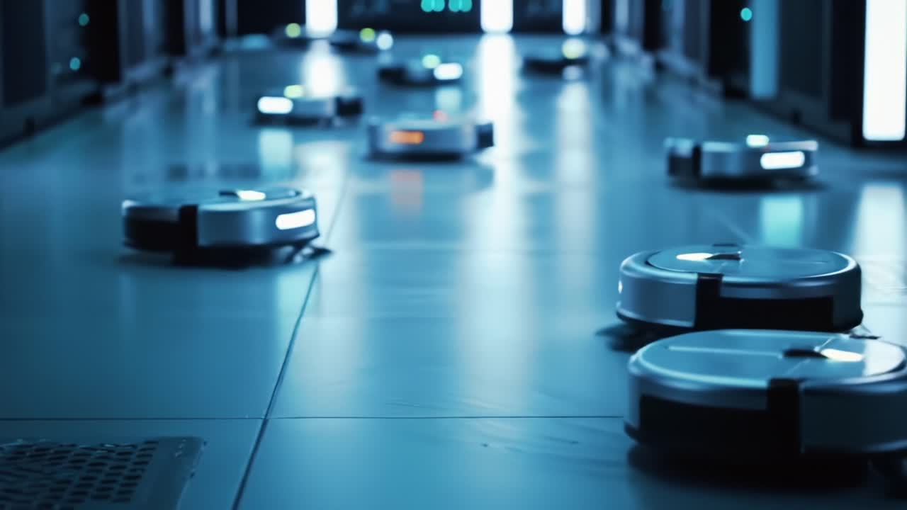 Advanced Cleaning Robots Enhancing Efficiency in a High-Tech Facility: Automated Machines Navigate a Sleek and Modern Environment for Optimal Performance