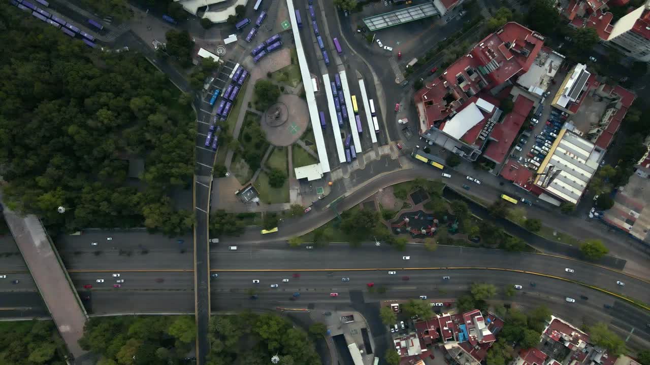 Aerial view establishing of the Chapultepec subway station in Mexico City, central station with a lot of car movement