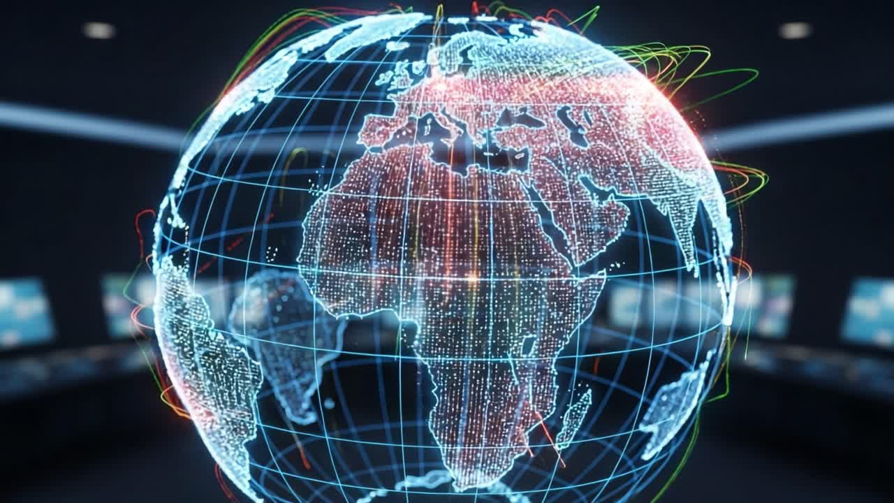 A High-Tech Global Network: Exploring the Dynamic Visualization of Earth through a Futuristic Digital Globe in Motion with Vibrant Data Streams