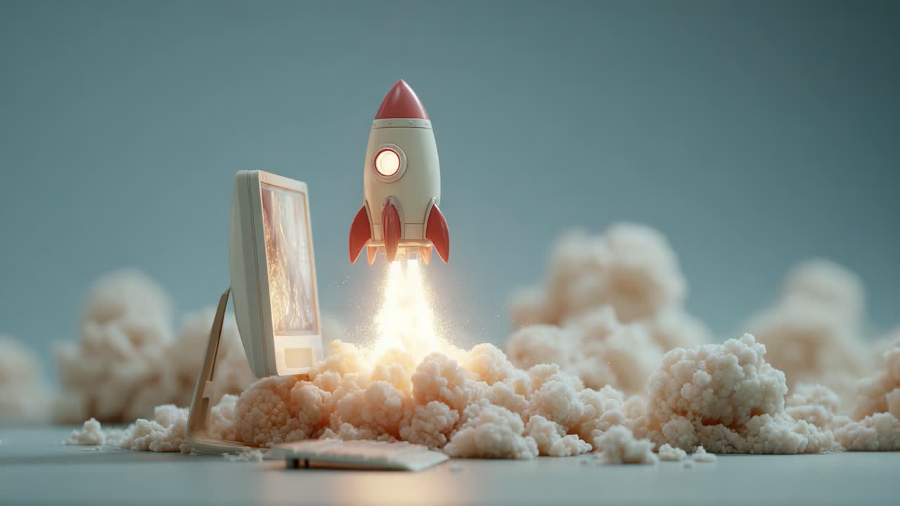 A whimsical scene featuring a small rocket launching against a backdrop of fluffy clouds, with a computer screen capturing a moment of adventure and imagination in a dreamy setting