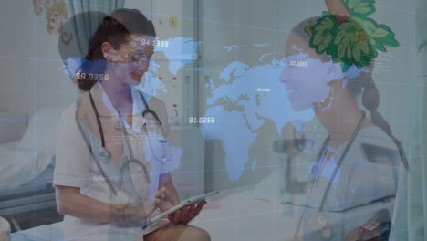 exposición múltiple de médicos y datos numéricos con mapa del mundo en el fondo