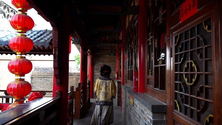 Rearview of Asian Qing girl in traditional clothes walking under Chinese balcony and red lanterns