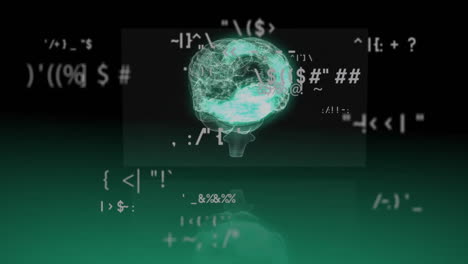 neon green wireframe brain model pulsing on green 3d panel, floating ascii symbols drifting around
