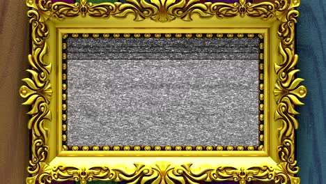 cámara zoom en el marco de la imagen de oro en el fondo de madera de varios colores. ruido de la tv y la tecla de croma verde juega en la pantalla. animación 3d.