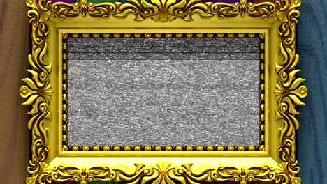 camera zoom into the gold picture frame on background of varicolored wood. tv noise and green chroma key plays on the screen. 3d animation.