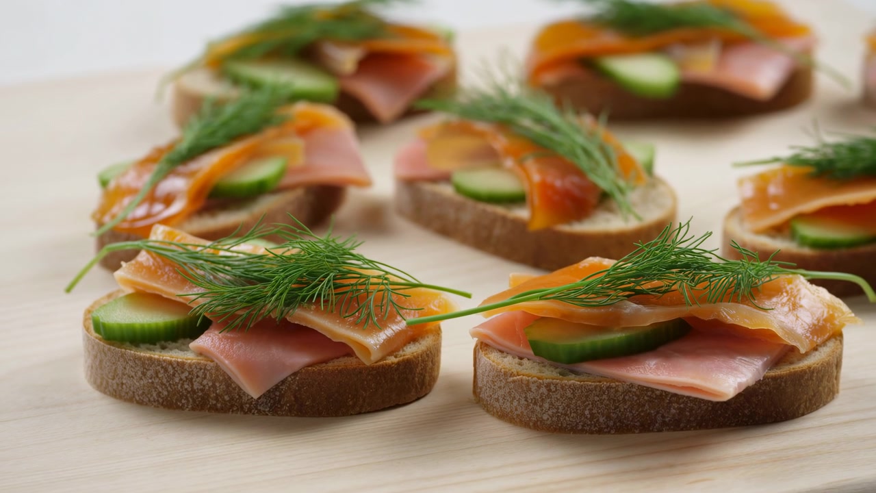 Kanape Salmon Asap di Atas Papan Kayu, Roti Gandum Hitam Bulat Lembut Dihiasi Mentimun, Ham, Tangkai Dill, Glasir Mengkilap, Lembut