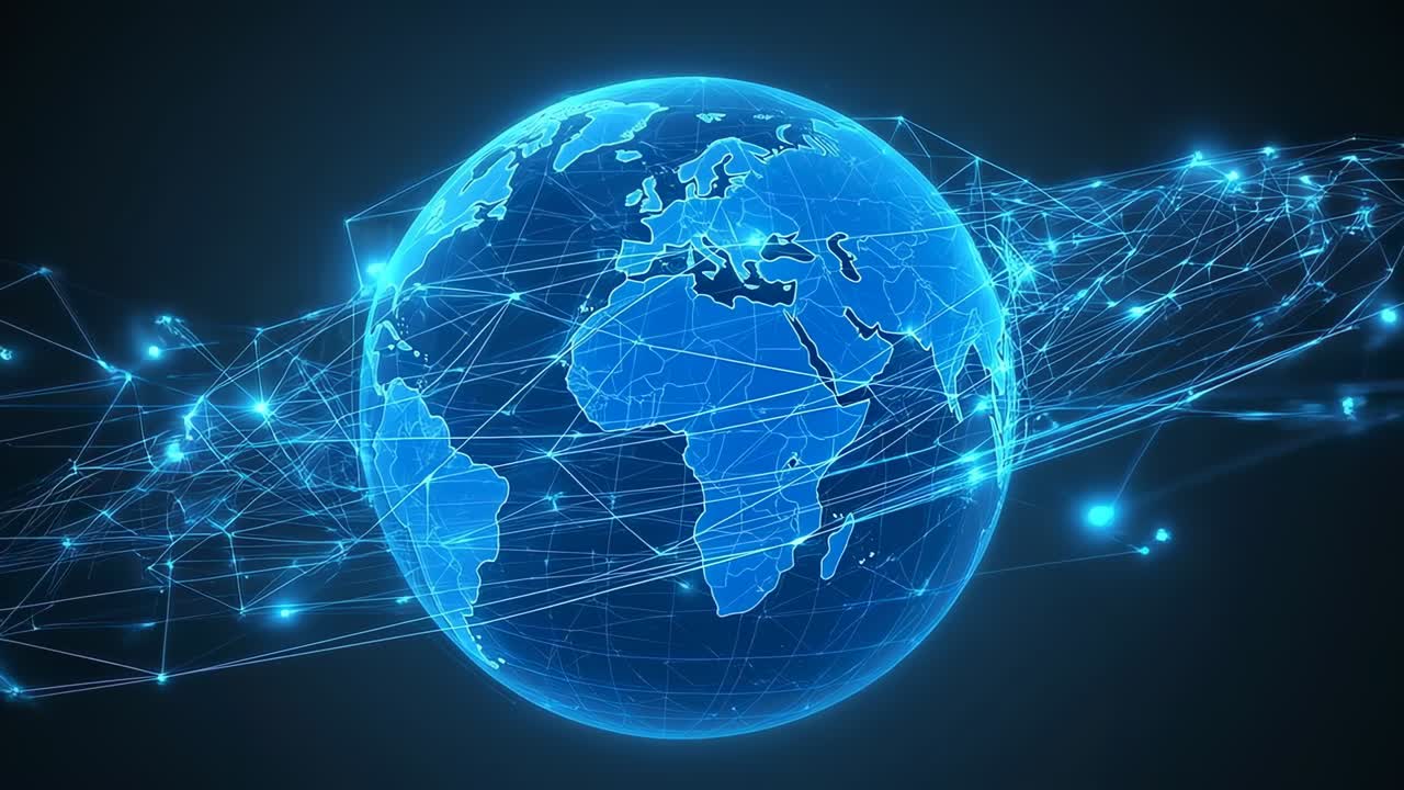 Appearing globe with grid rotating tracing light trails in dark space pulsing mesh exchanging data