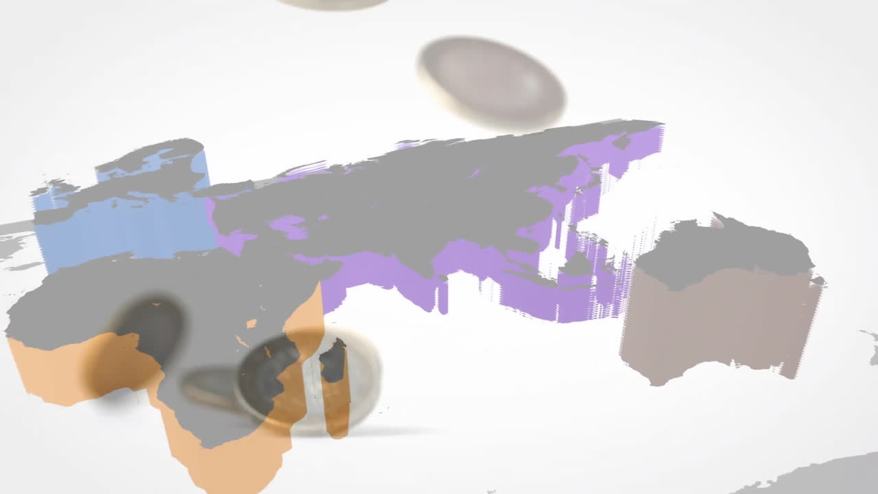 Coins falling on colorful world map animation with abstract regions