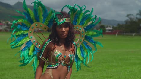 Amidst-the-lively-celebrations-of-Trinidad's-Carnival,-a-young-girl-captivates-onlookers-with-her-enchanting-costume-and-joyful-spirit