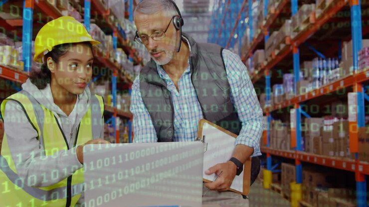 Animation of data processing over man and woman working in warehouse
