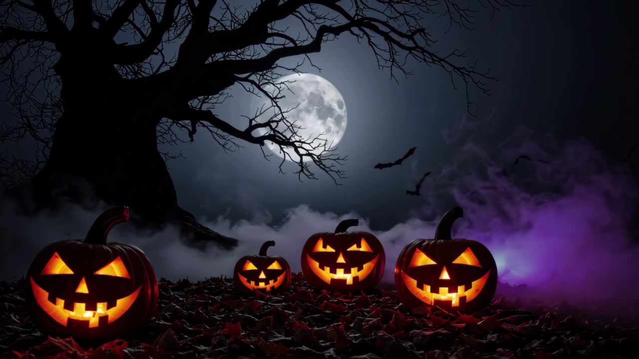 Spooky Halloween Night with Glowing Jack-o'-Lanterns Under a Full Moon