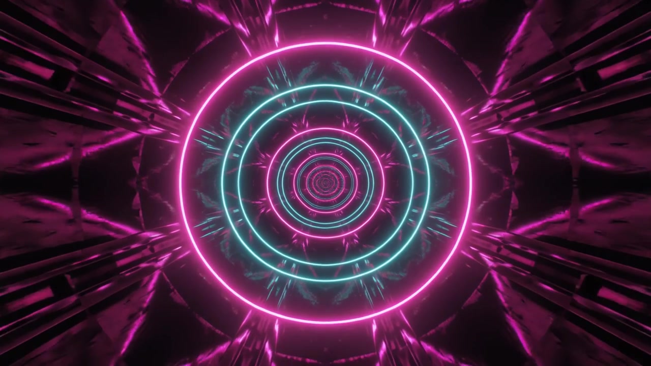 Tunnel al neon futuristico con anelli circolari luminosi rosa e blu