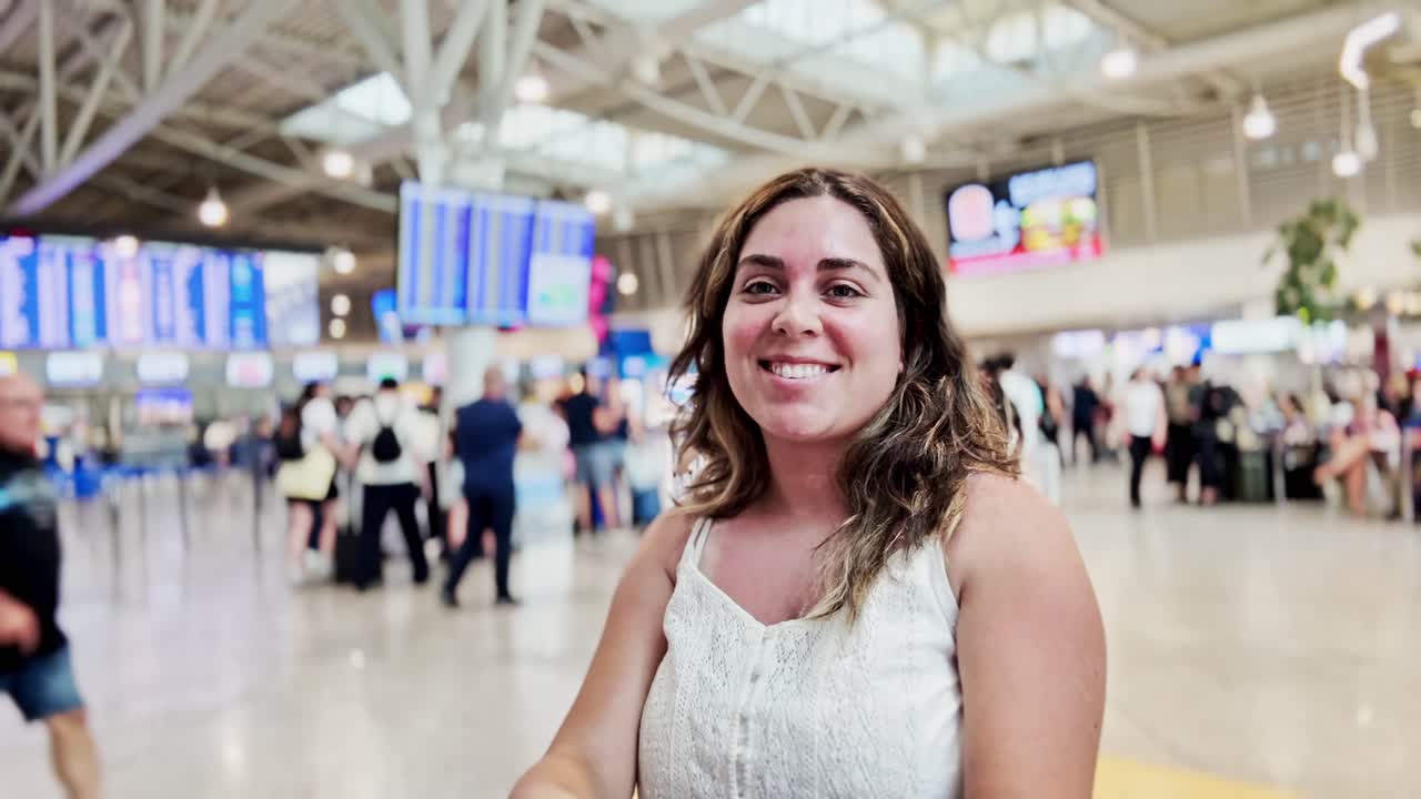 Donna che gira la testa in aeroporto, guardando la telecamera tra i tabelloni delle partenze.
