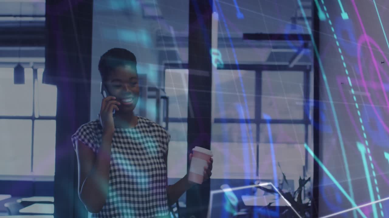 Animation of financial data processing over african american businesswoman using smartphone