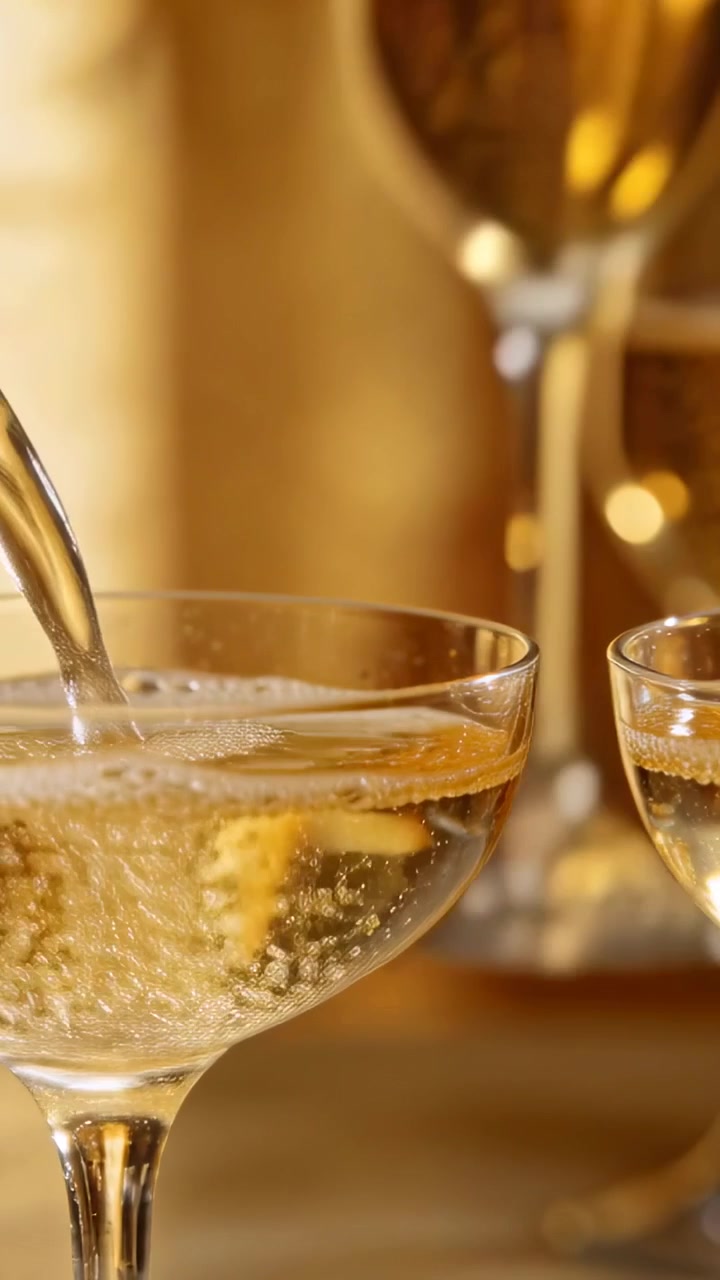 Video verticale: Bottiglia di champagne che si inclina e versa sopra una coppa a sinistra al bar, riempiendo il bicchiere per il servizio