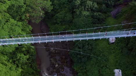 Top-down-view-of-People-Walking-on-The-Blangsingah-Glass-Bottomed-Bridge-near-Tegenungan-Waterfall,-BALI---Indonesia