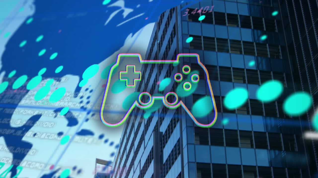 게임 패드와 도시 풍경 위의 데이터 처리 및 세계 지도의 애니메이션