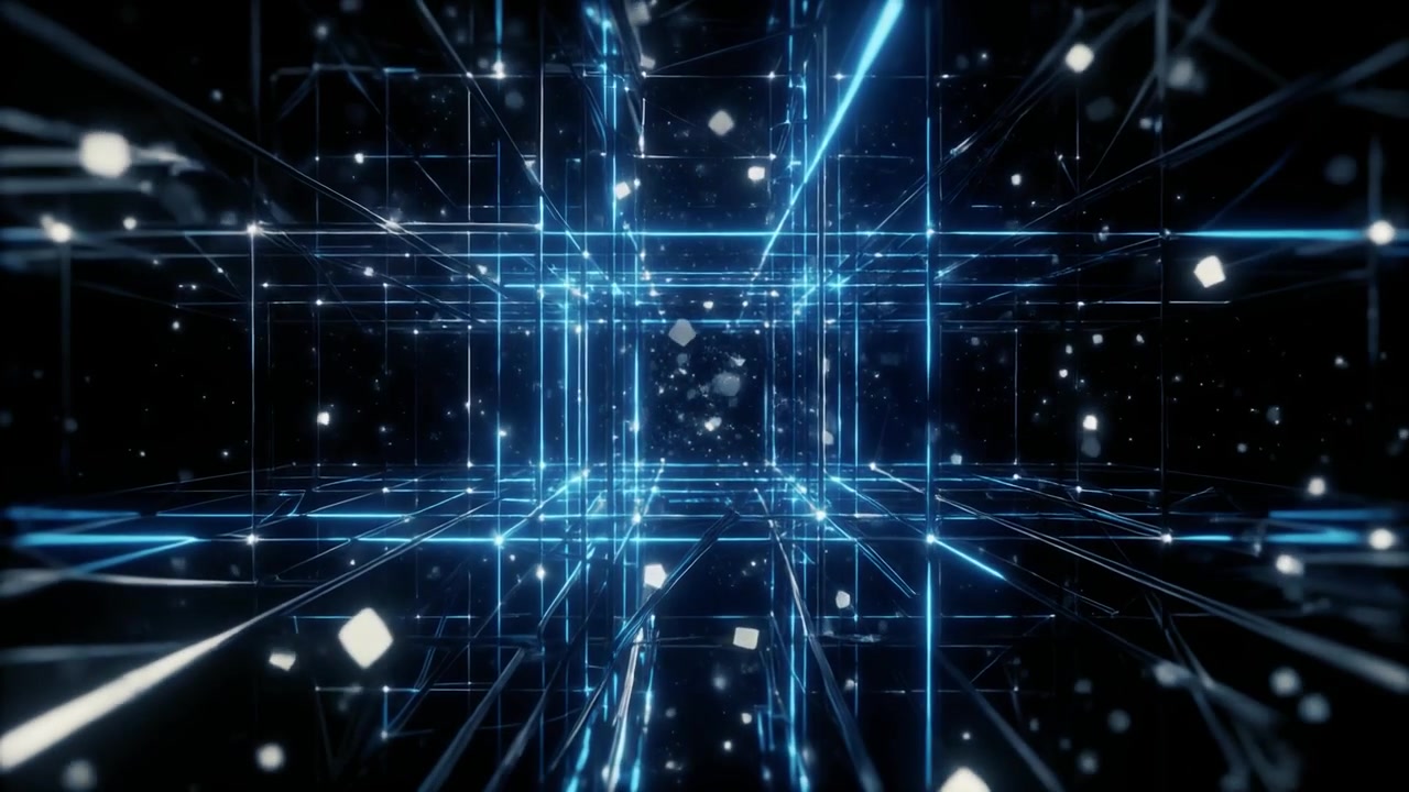 Abstract Digital Grid Tunnel with Glowing Blue Light Particles