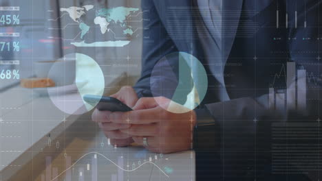 animación de estadísticas y procesamiento de datos sobre un empresario que usa un teléfono inteligente