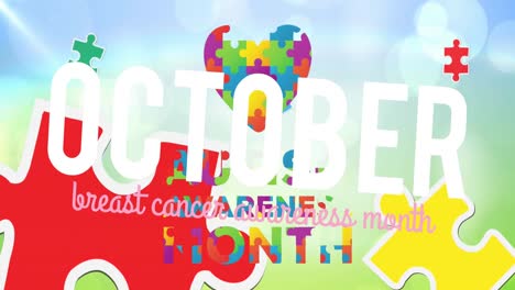 animation of breast cancer awareness month text over puzzle and heart