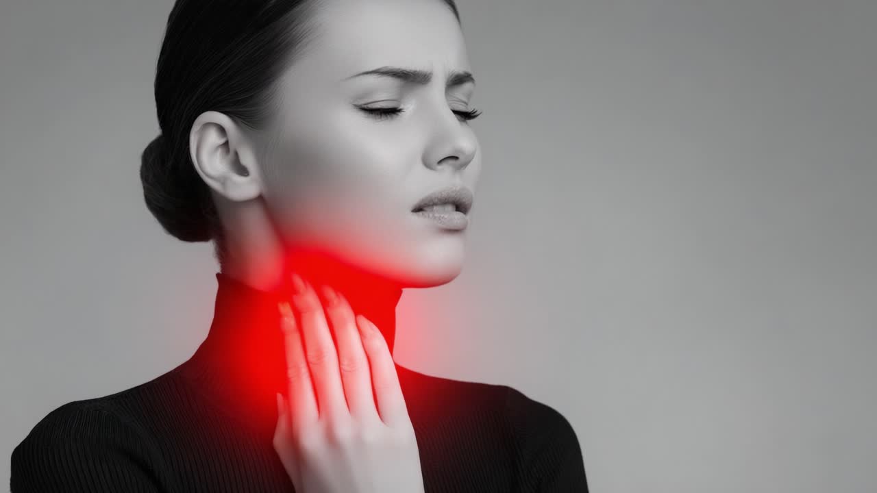 Serie di ritratti espressivi: Una donna che mostra disagio con l'attenzione sulla sua mano sul collo, ritratta in un sorprendente contrasto bianco e nero con un tocco di rosso
