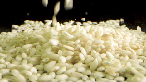 arroz para risotto cayendo y haciendo una pequeña colina, macro tiro lente laowa