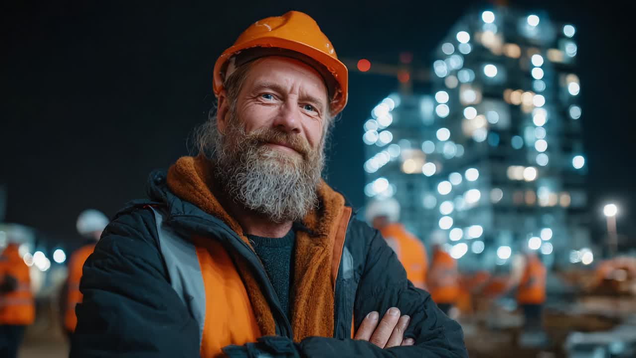 Dedicated Construction Worker with a Warm Smile at Night Overseeing Site Progress Amidst Illuminated Buildings and Colleagues in Safety Gear