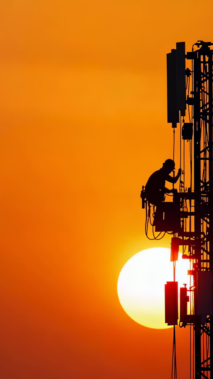 Vertical video: Tech in harness securing antennas on tower for repair as sun sinking, copy space