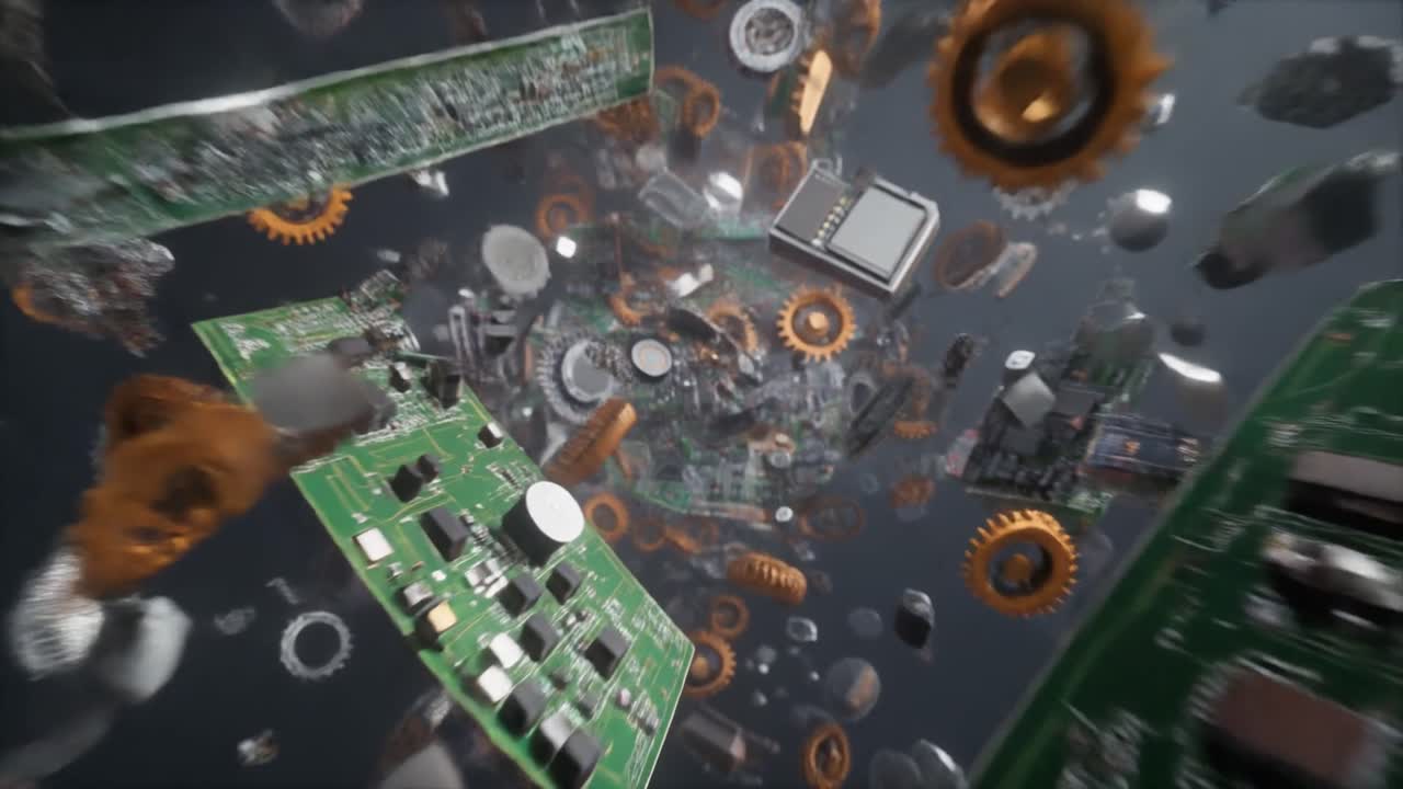 Floating Electronic Components and Circuit Boards in Abstract Digital Space
