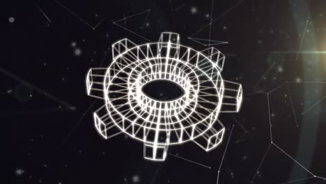 animation of cog wheel icon over network of connections on black background