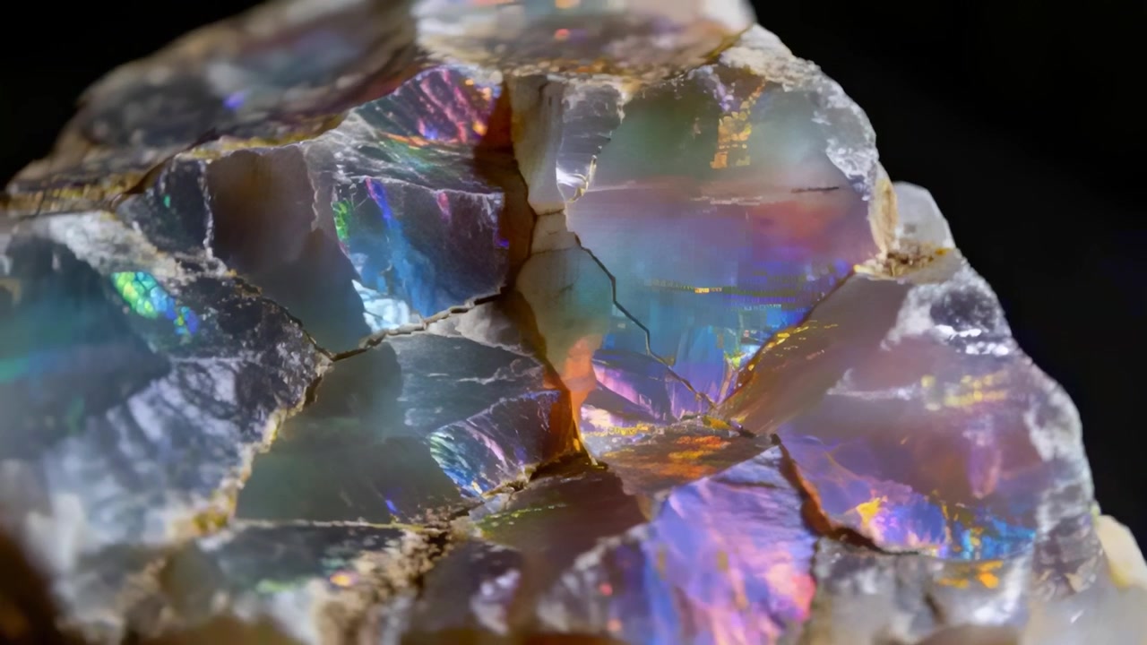 Shifting camera revealing color play on opal specimen in studio, showing iridescence, dark backdrop