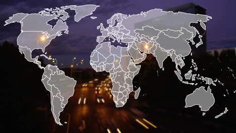 world map animation over busy highway with moving cars at night