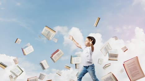 child reaching for flying books against a cloudy sky, representing learning and imagination
