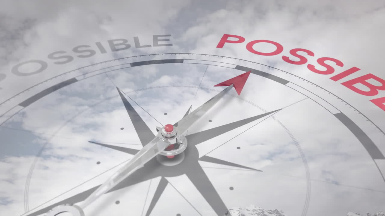 파란 하늘과 구름 위로 움직이는 나침반의 애니메이션