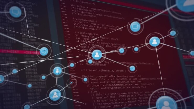Animation of connected profile icons and connected dots forming shapes over computer language